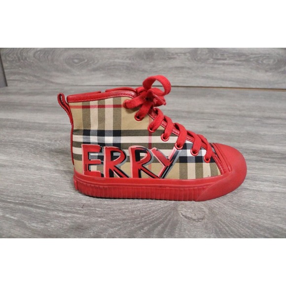 BURBERRY HIGH TOP SNEAKERS Toddler EU 30 NOVA CHECK SHOES Graffiti RED - Picture 5 of 12